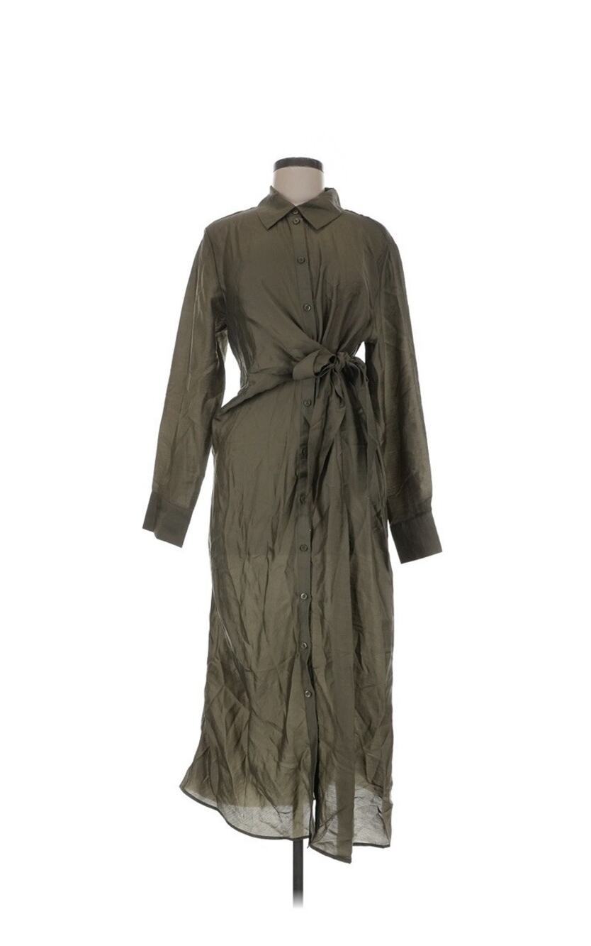 NWT H&M MAMA Maternity Shirt Dress Olive Green Tie Waist Long Sleeve Maxi [M]